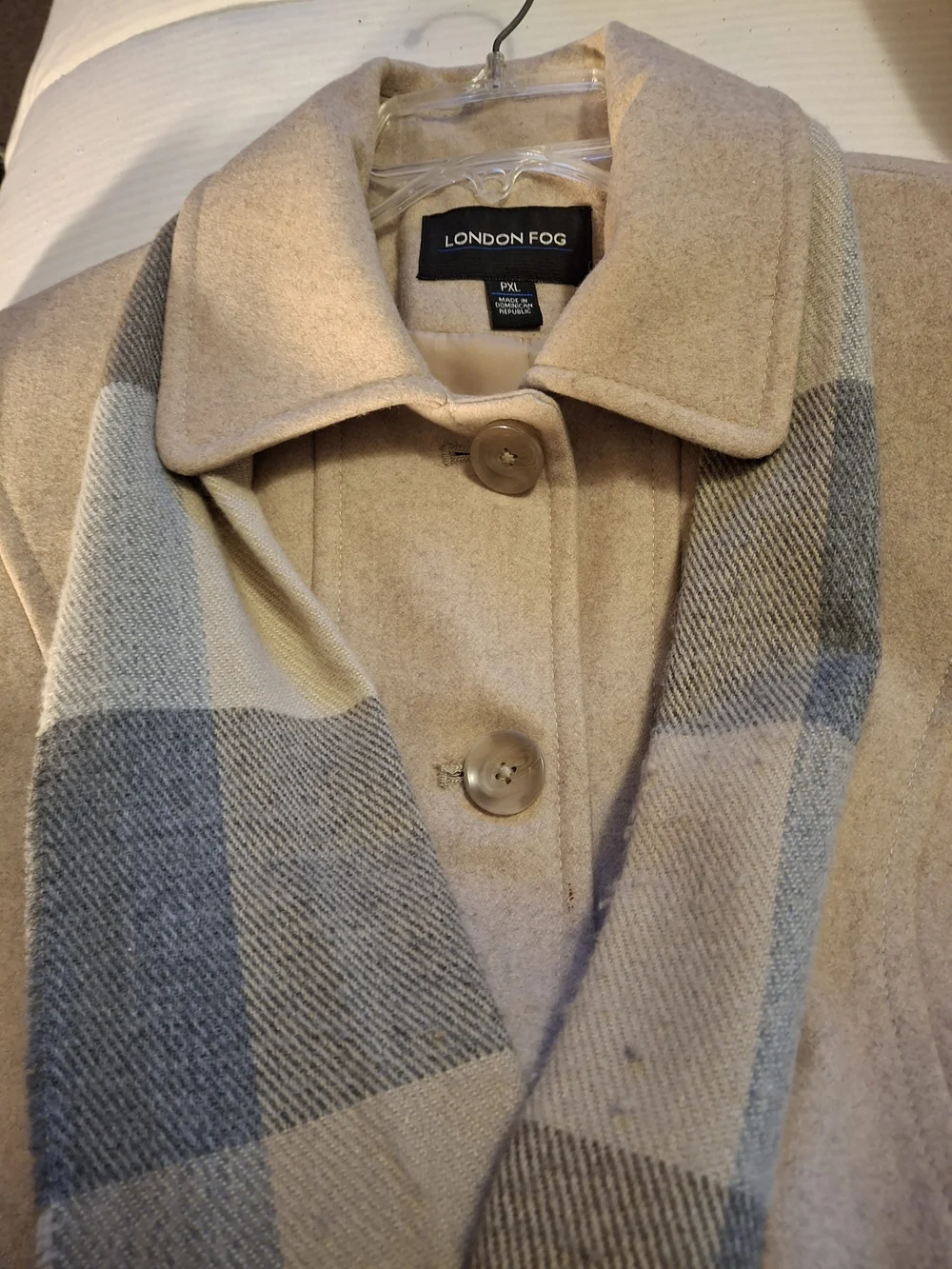 London Fog Beige Wool Pea Coat with Plaid Scarf